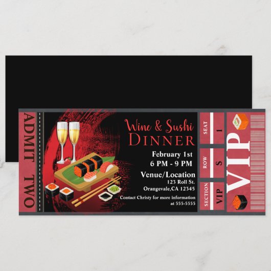 Wijn & Sushi Diner Lunch VIP Event Feest Ticket Kaart (Voorkant / Achterkant)