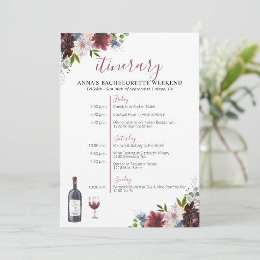 Wijn Thmet Bachelorette Itinerary Invitation Kaart (Staand voorkant)