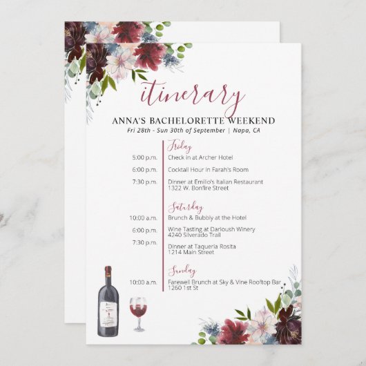 Wijn Thmet Bachelorette Itinerary Invitation Kaart (Voorkant / Achterkant)