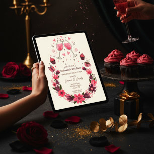 Wijn Toast Bloemige Galentine's Uitnodiging