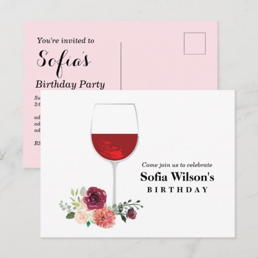 wijn, volwassenenverjaardag, bruiloft, bloemenuitn uitnodiging briefkaart (Voorkant / Achterkant)