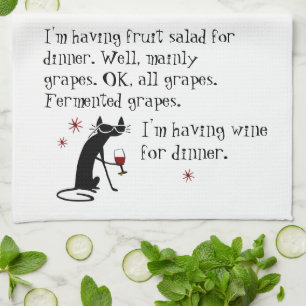 Wijn voor het diner Funny Wine Quote met kat Theedoek