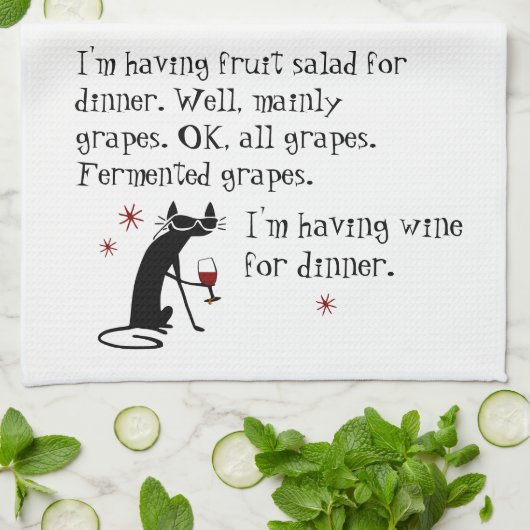 Wijn voor het diner Funny Wine Quote met kat Theedoek (Gevouwen)