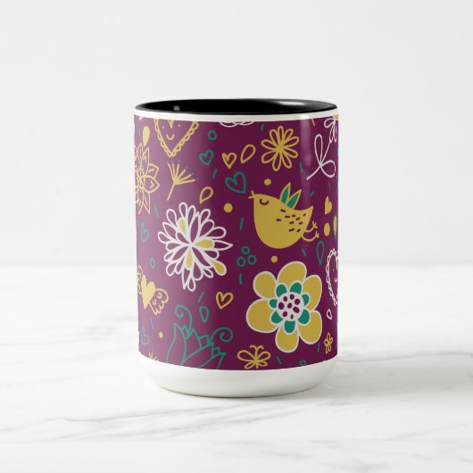 Wijn Whimsical Vogels en bloemen Tweekleurige Koffiemok (Center)