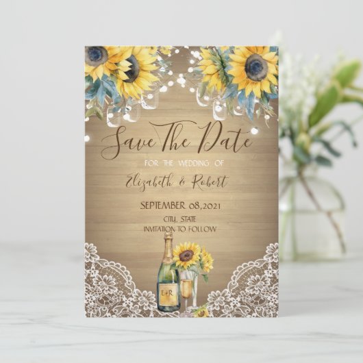 Wijn Zonnebloemen Mason Jar Save The Date Kaart (Staand voorkant)