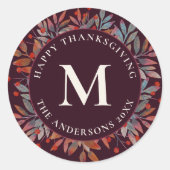 Wijnbessen en groene bladeren monogram ronde sticker (Voorkant)