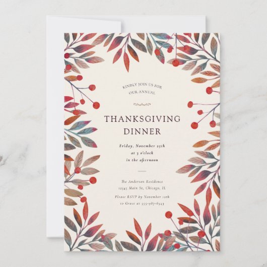 Wijnbessen & herfstbladeren Thanksgiving Diner Kaart (Voorkant)