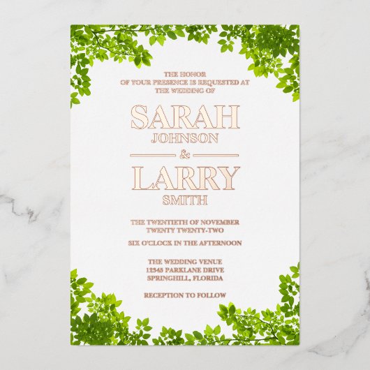 Wijnbladeren en legant goudbruin folie uitnodiging (Voorkant)