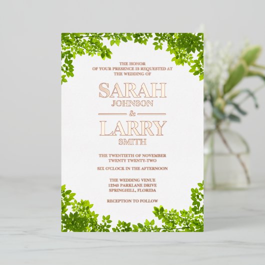 Wijnbladeren en legant goudbruin folie uitnodiging (Staand Voorkant)