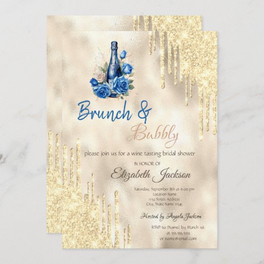 Wijnblauw Roos Gold Drips Brunch & Bubbly Kaart (Voorkant / Achterkant)
