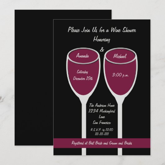 Wijndouche of bruidsdouche uitnodiging, rode wijn kaart (Voorkant / Achterkant)