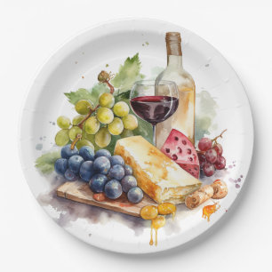 Wijndruiven Kaas Wijn Glas Aquarel Papieren Bordje