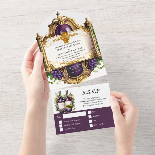 wijnembleem lijst Bourgondische gouddruiven All In One Uitnodiging (Afscheurbaar)