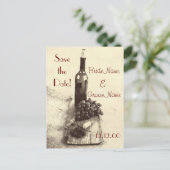 Wijnfles druiven en kurkentrekker aankondigingskaart (Staand voorkant)