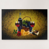 Wijnfles/druiven/mandje, kaas, chocolade, goud legpuzzel (Horizontaal)