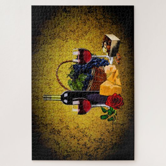 Wijnfles/druiven/mandje, kaas, chocolade, goud legpuzzel (Verticaal)