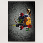 Wijnfles/druiven/mandje, kaas/chocolade, zilver legpuzzel (Verticaal)