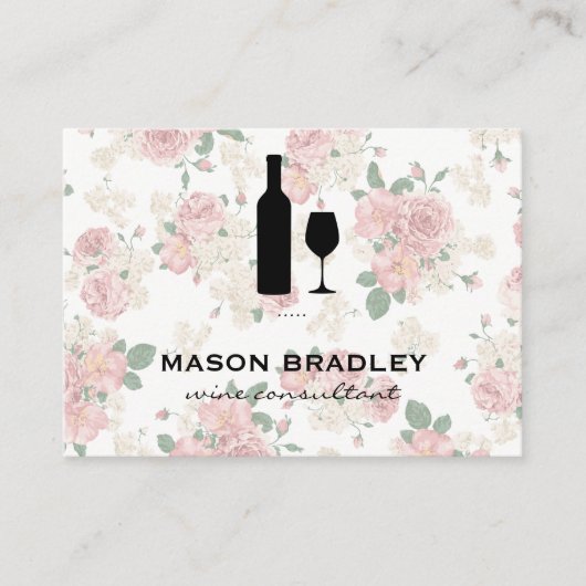 Wijnfles en glas Elegant Bloempatroon Visitekaartje (Voorkant)