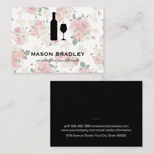 Wijnfles en glas Elegant Bloempatroon Visitekaartje (Voorkant / Achterkant)