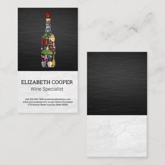 Wijnfles en pictogrammen visitekaartje (Voorkant / Achterkant)