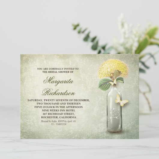 Wijnfles & gele bloemen vrijgezellenfeest nodigt u kaart (Staand voorkant)