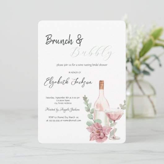 Wijnfles Glas Bloem Brunch & Bubble Kaart (Staand voorkant)