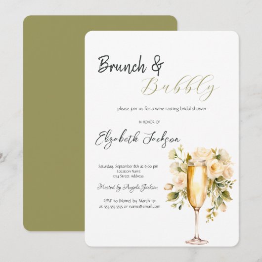 Wijnfles Glas Bloem Groen Brunch & Bruisend Kaart (Voorkant / Achterkant)