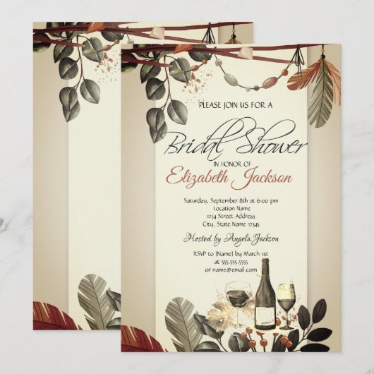 Wijnfles Glas, Boho Bloemen Bruidsdouche Kaart (Voorkant / Achterkant)