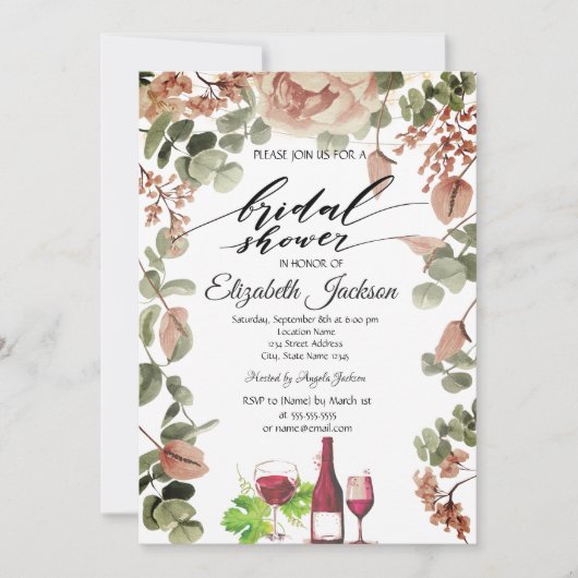Wijnfles Glas Chic Bloemen Bruidsfeest Kaart (Voorkant)