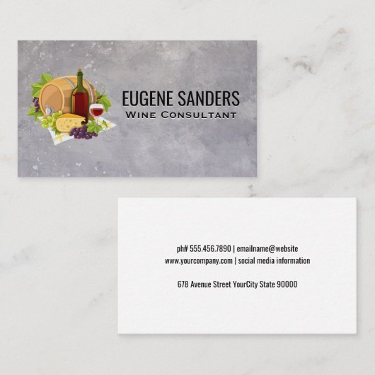 Wijnfles glas druiven en kaas visitekaartje (Voorkant / Achterkant)