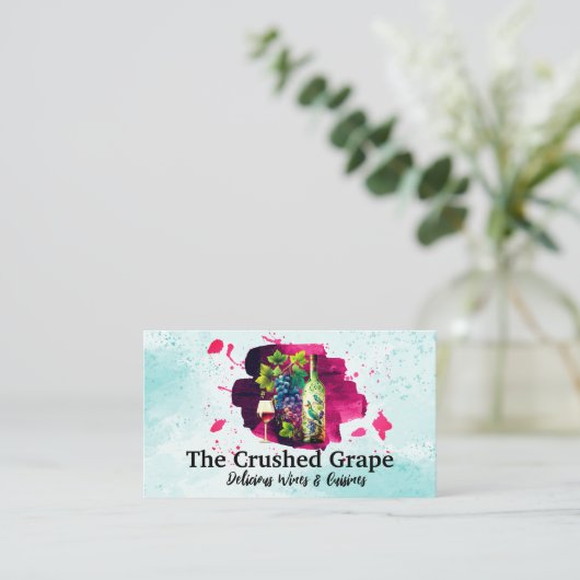 Wijnfles glas en druiven | Waterverf Art Visitekaartje (Staand voorkant)