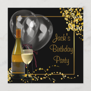 Wijnfles Glas Goud Zwart Mannen Verjaardagsfeest Kaart