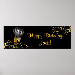 Wijnfles Glas Goud Zwart Verjaardagsfeest Banner Poster