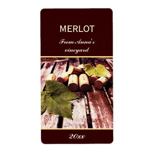 Wijnfles kurken en druivenblad flesetiket etiket (Voorkant)