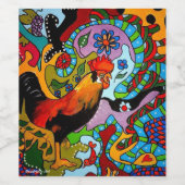 Wijnfles met kleurrijk etiket van een haan. (Enkel label)