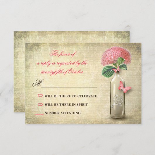 wijnfles & roze bloemen bruiloft RSVP (Voorkant / Achterkant)