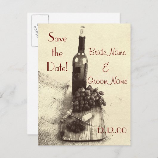 Wijnflesdruiven en -kurkentrekker aankondigingskaart (Voorkant / Achterkant)