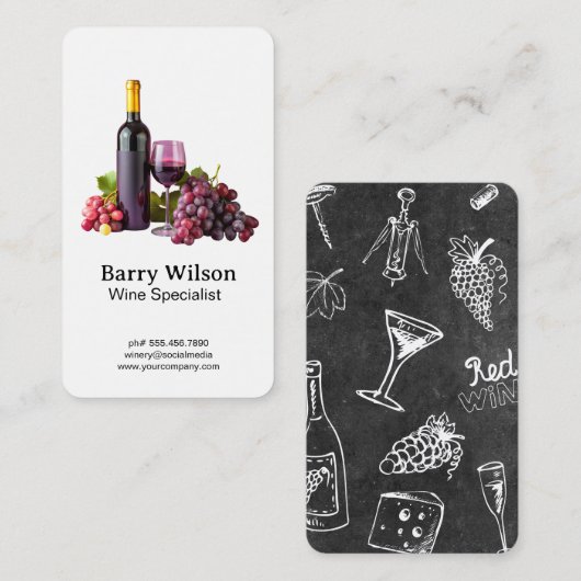 Wijnflesglas en wijndruiven visitekaartje (Voorkant / Achterkant)