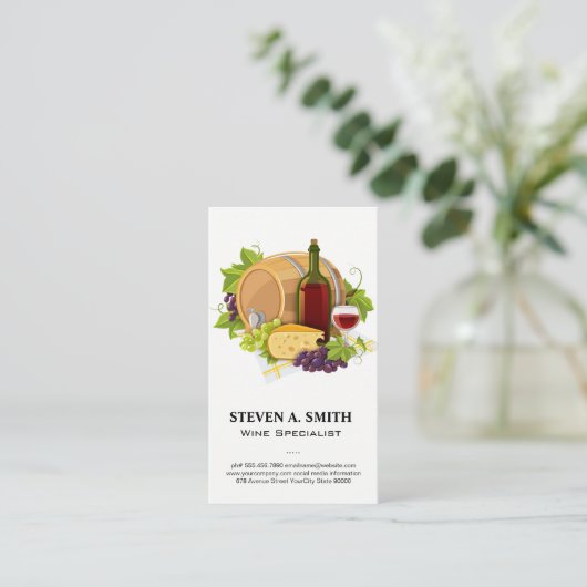 Wijnflesje en glas | Barrel Grapes Cheese Visitekaartje (Staand voorkant)