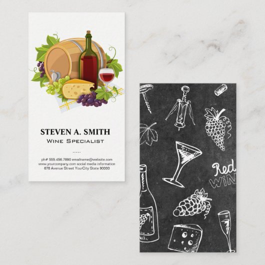 Wijnflesje en glas | Barrel Grapes Cheese Visitekaartje (Voorkant / Achterkant)
