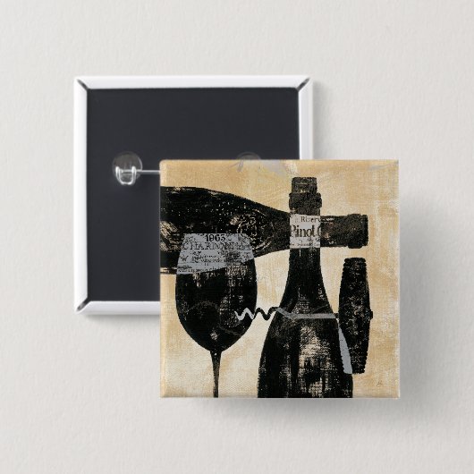 Wijnflesje en glas vierkante button 5,1 cm (Voorkant /achterkant)