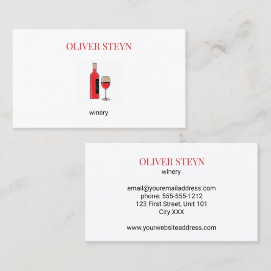 Wijnflesje en wit glas visitekaartje (Voorkant / Achterkant)
