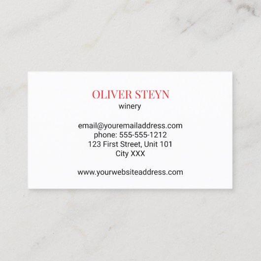 Wijnflesje en wit glas visitekaartje (Achterkant)