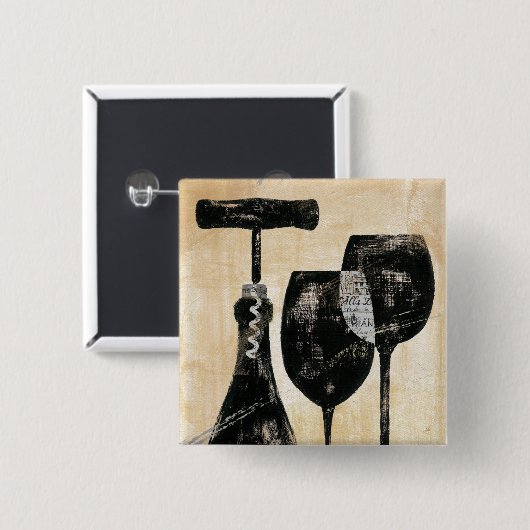 Wijnflesje met twee glazen glazen vierkante button 5,1 cm (Voorkant /achterkant)