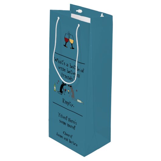 Wijnflesje tussen Friends Funny Cat Wijn Cadeautas (Voorkant Gekanteld)