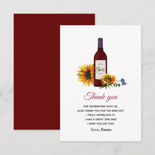 wijnflesje zonnebloem dank je creditcard bedankkaart (Voorkant / Achterkant)