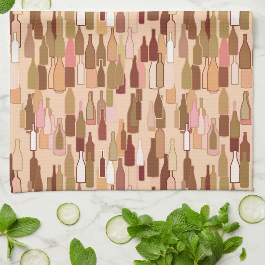 Wijnflessen, grondkleuren, lichte koraalachtergron theedoek (Gevouwen)