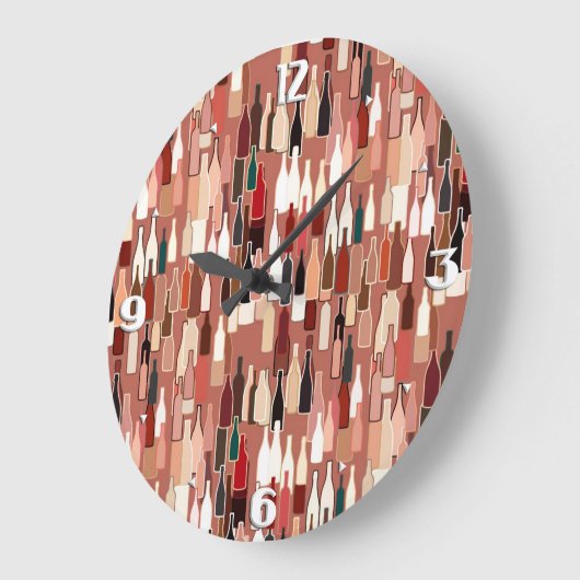 Wijnflessen, grondkleuren, teracoatachtergrond grote klok (Hoek)