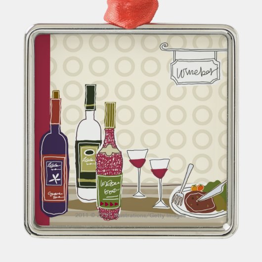 Wijnflessen met wijngaarden op tafel metalen ornament (Voorkant)