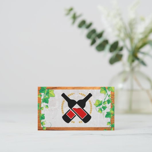 Wijnflessen | Wijnstokken | Steen en hout Visitekaartje (Staand voorkant)